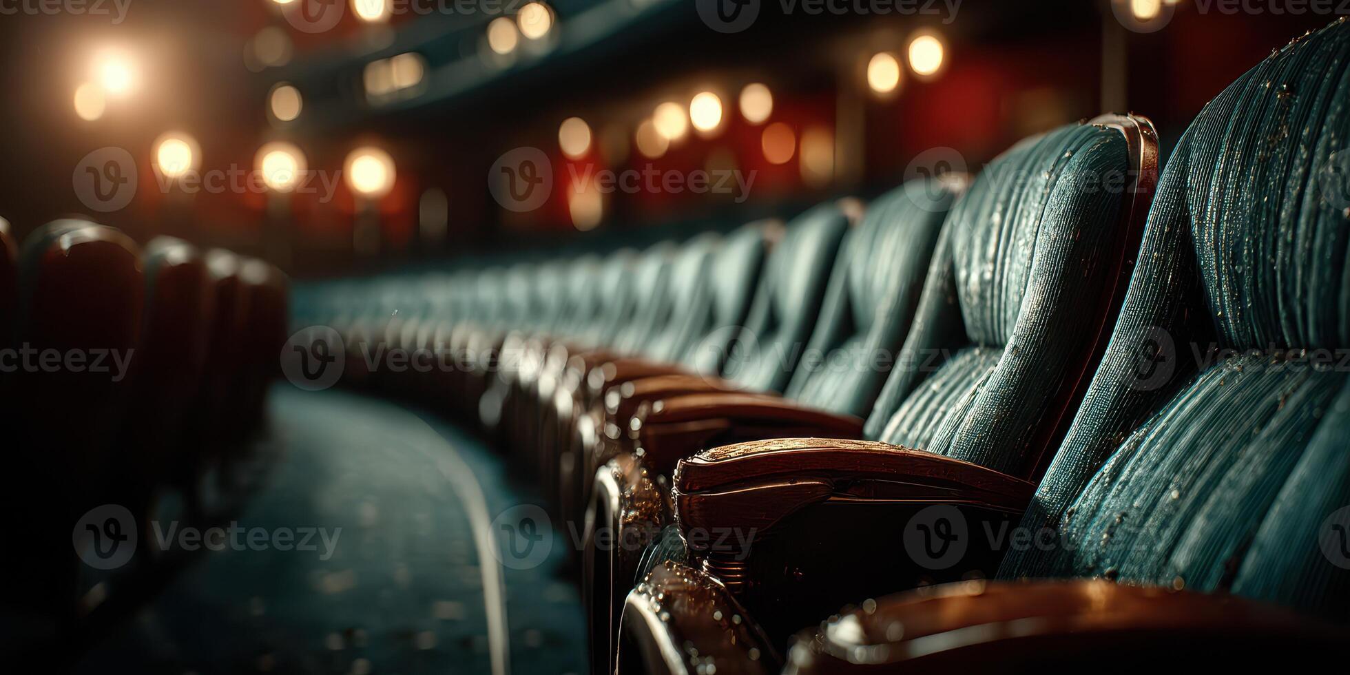 Luxurious velvet theater seats await audience in a classic performance hall with warm lighting photo