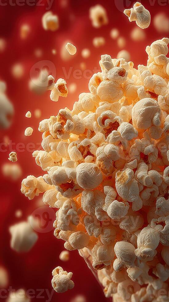 Freshly popped corn kernels float above a red background, creating a dynamic and appetizing visual display photo