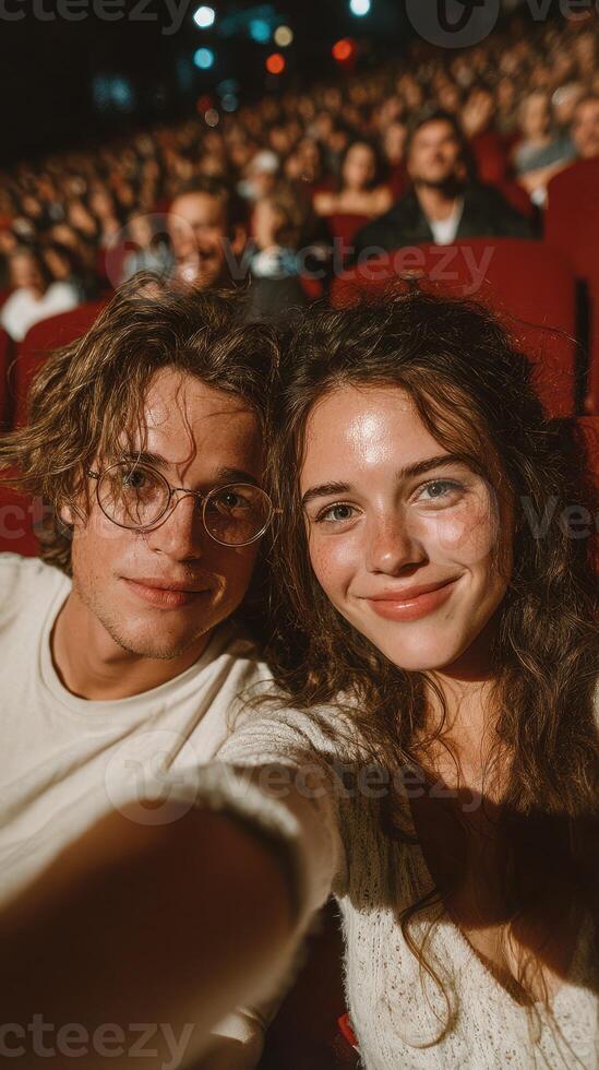 Couple enjoys a theater performance during a lively evening show in a packed venue filled with excitement and anticipation photo