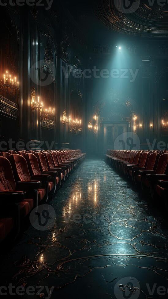 Elegant theater interior with plush seating and atmospheric lighting captures the essence of a dramatic performance space photo