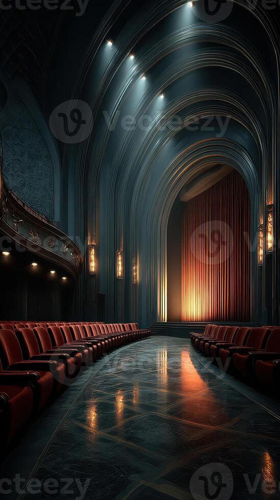 Elegant theater interior with red seats and dramatic lighting creating a captivating atmosphere in the evening hours photo