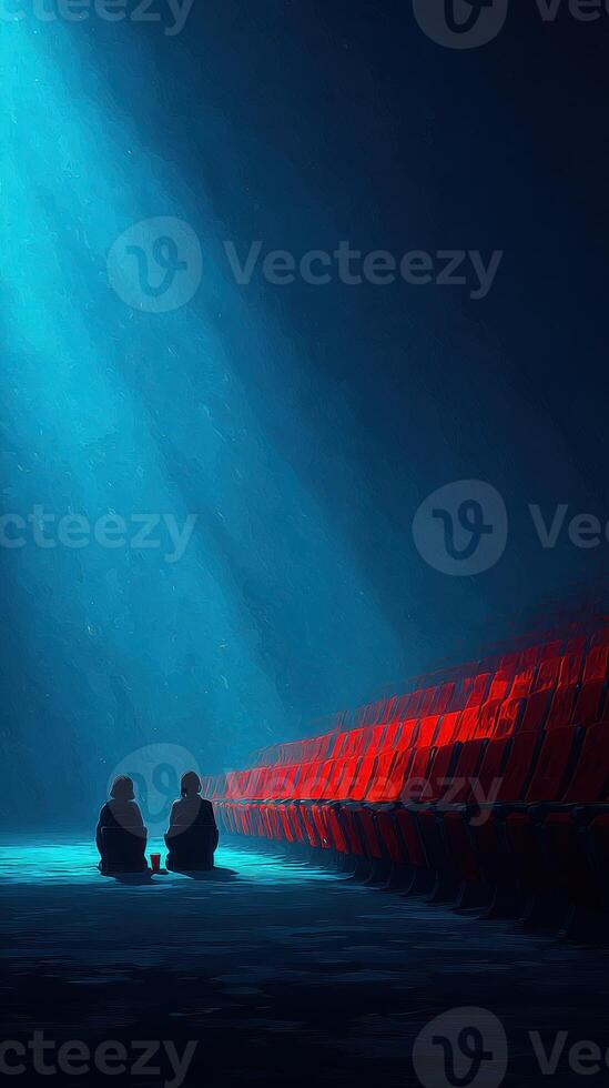 Two figures sit quietly in a dimly lit theater with red seats under a beam of blue light photo