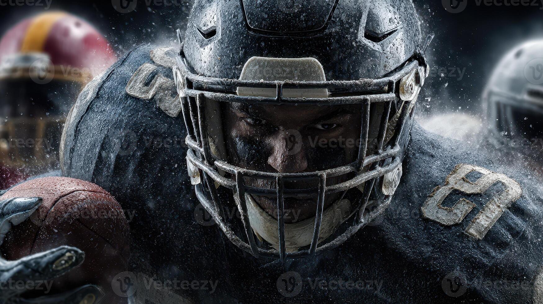 Intense football player charges forward in a competitive match during evening conditions photo