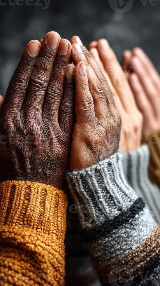 Hands of diverse individuals coming together in unity during a gathering for mindfulness or meditation session in the evening light photo