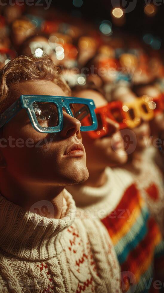 Group of people wearing colorful 3D glasses at a lively event in a theatre during a vibrant performance photo
