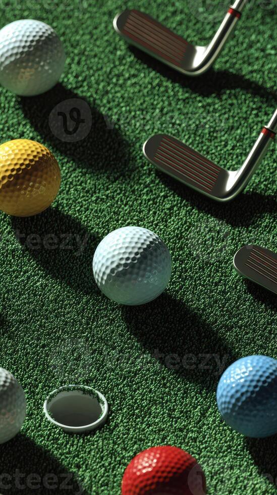Colorful golf balls and clubs on green turf creating an indoor putting challenge during a sunny afternoon photo