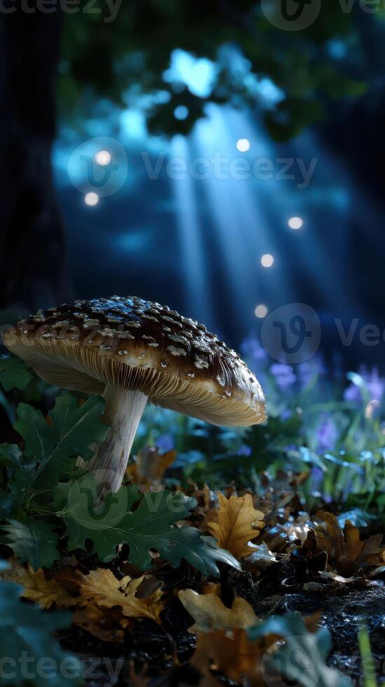 Mushroom growing in a mystical forest illuminated by soft moonlight and surrounded by vibrant foliage photo