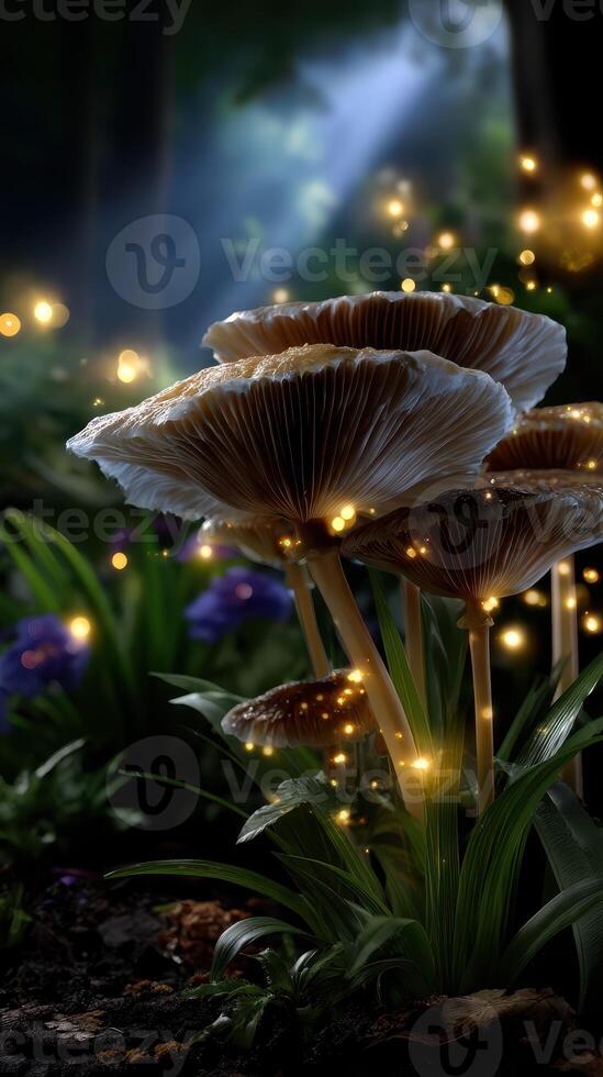 Mesmerizing glow of mushrooms illuminated by soft light in a lush forest during twilight hours photo