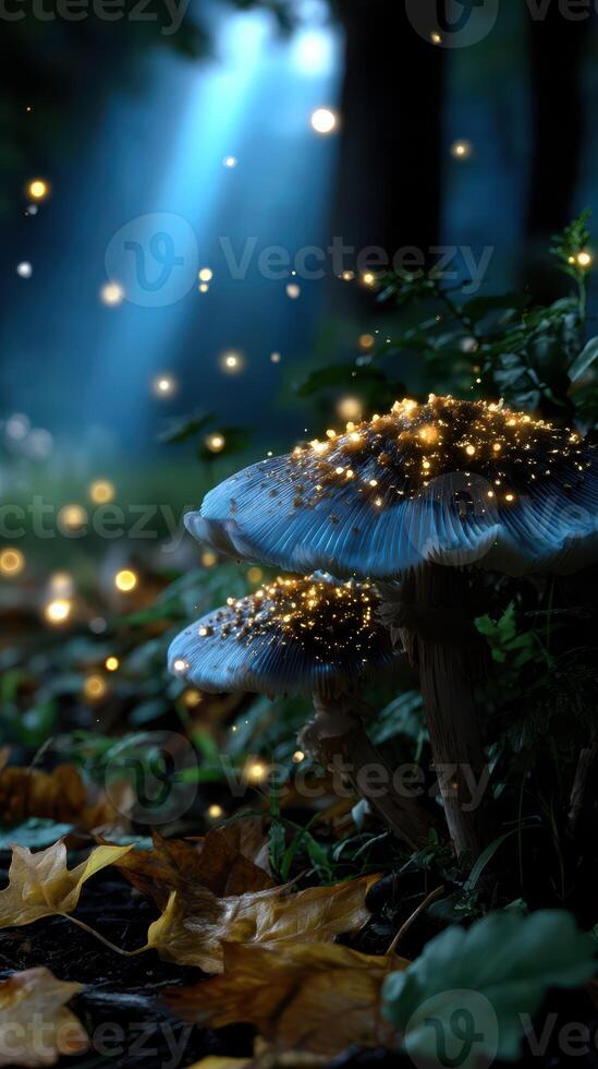 Mystical mushrooms glow under moonlight in a serene forest setting with sparkling lights photo