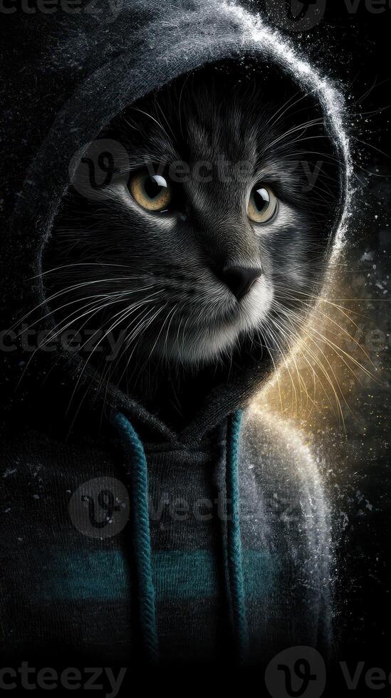 Cool cat character in a hoodie with striking eyes, capturing a mysterious vibe in low-light setting photo