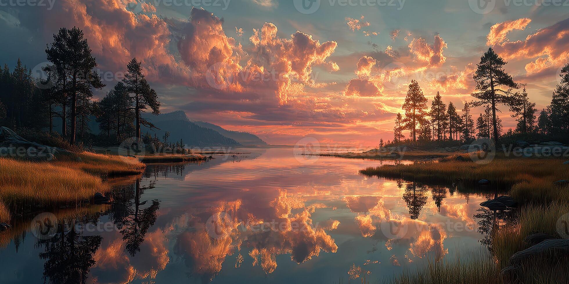 Sunset reflections over calm water with clouds and trees in a serene natural landscape photo