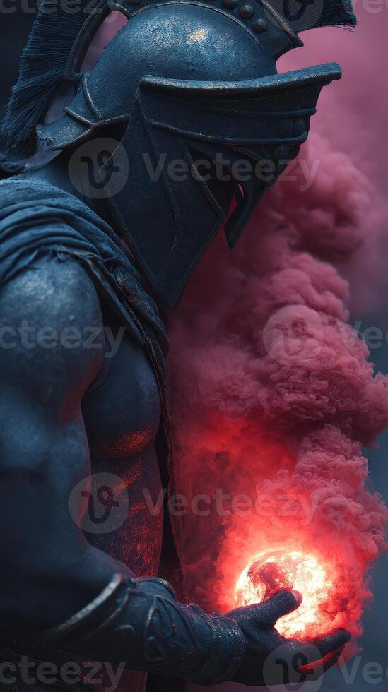 Warrior holding a glowing orb with smoke surrounded by darkness in an ancient setting photo