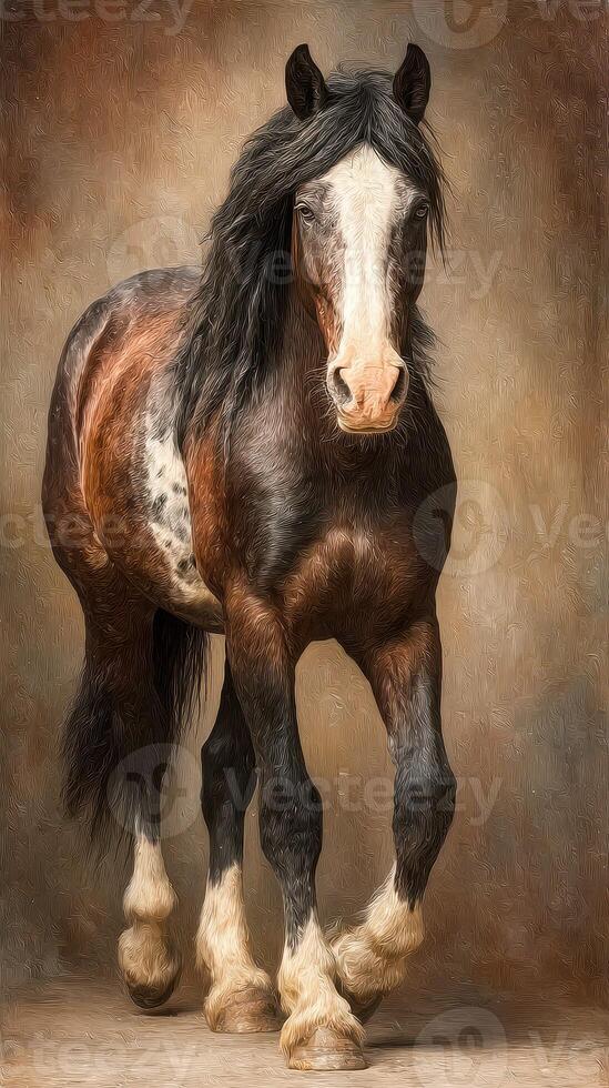 Beautiful horse walking gracefully in a studio setting with a textured background during golden hour lighting photo