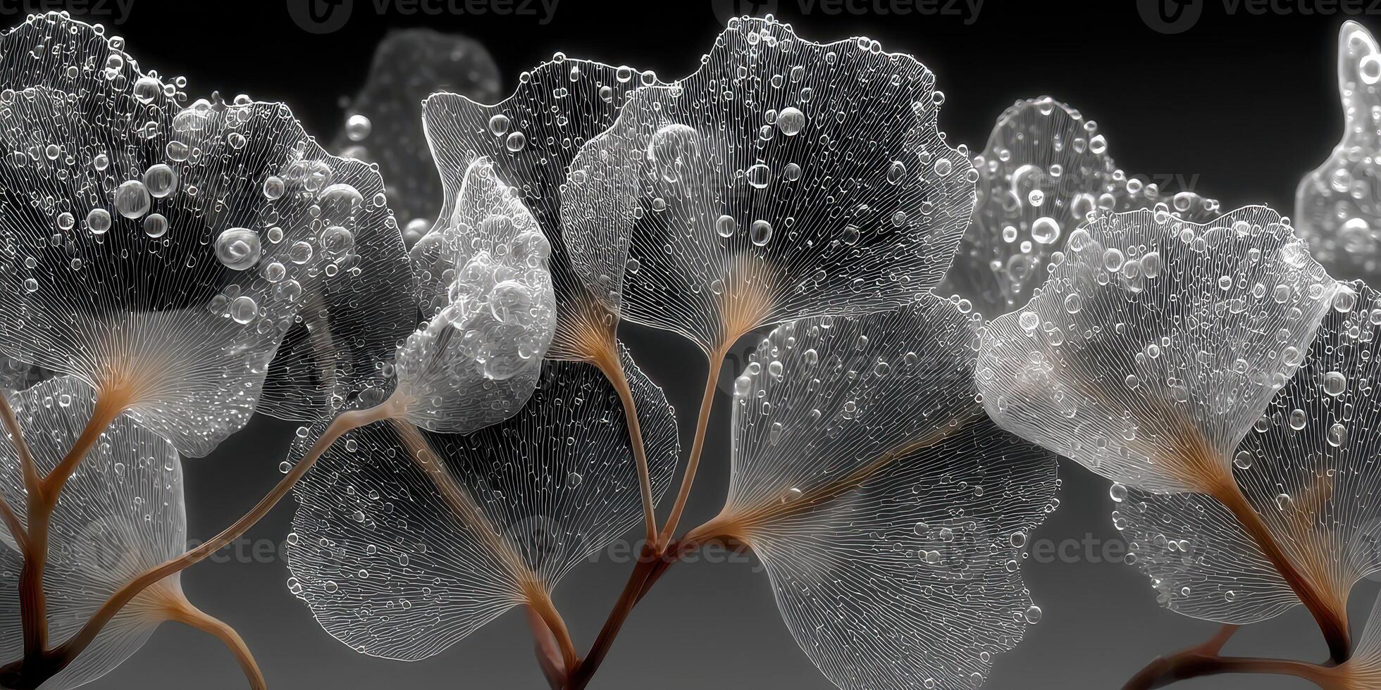 Delicate leaves adorned with water droplets create a stunning visual effect in a close-up setting photo