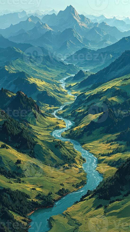 Stunning river winding through lush valleys and majestic mountains during golden hour in a serene landscape photo
