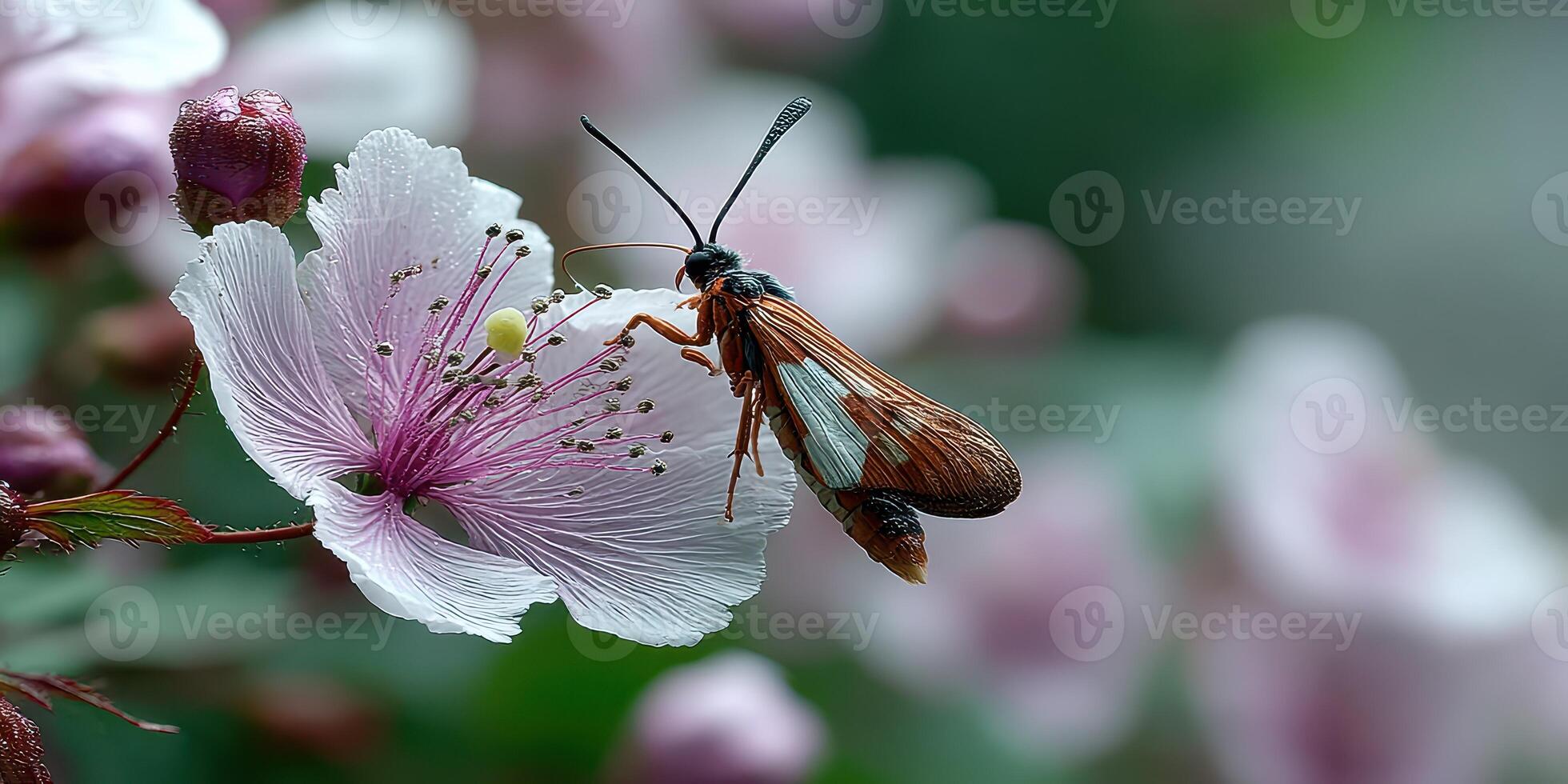 Butterfly interacting with vibrant pink flower during a sunny day in a lush garden photo