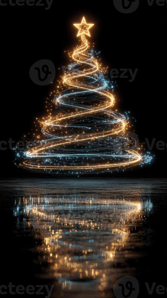 Sparkling Christmas tree decorated with lights swirling in the dark reflections during holiday celebrations photo
