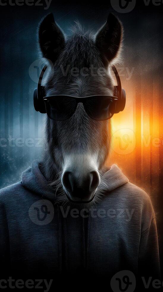 Unique blend of urban culture and nature with a horse wearing headphones in a stylized setting at dusk photo