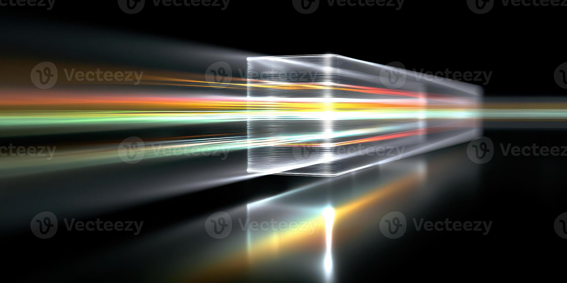 Light beams pass through a transparent prism creating colorful reflections in a dark setting photo