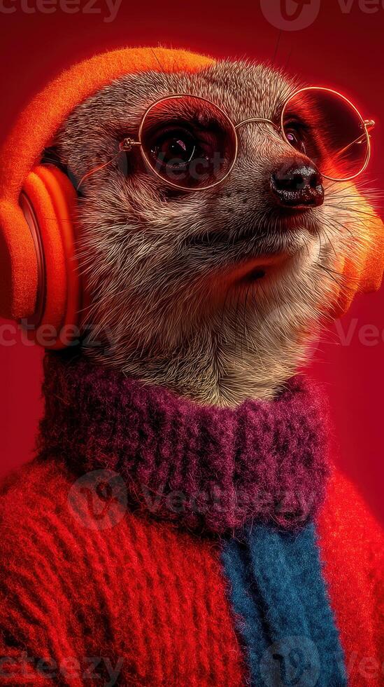 Cute meerkat dressed in colorful sweater and headphones posing in vibrant studio setting photo