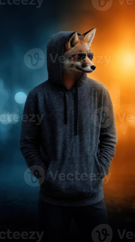 Stylish figure in a hoodie with a fox mask stands confidently against a vibrant two-tone background photo