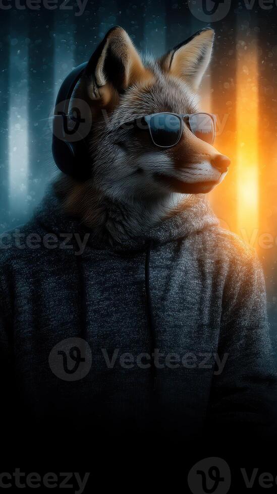 Unique animal character wearing headphones and sunglasses in a cool, colorful urban environment at night photo