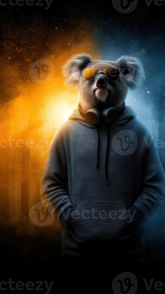 Unusual character posing in a hoodie and sunglasses in a vibrant twilight atmosphere photo