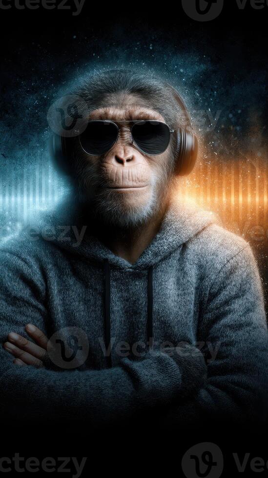 Stylish monkey wearing headphones and sunglasses listens to music in a vibrant setting with dynamic background lighting photo