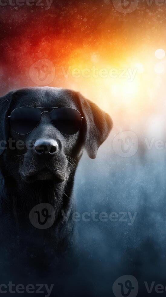 Cool black dog wearing sunglasses poses confidently against a vibrant sunset background with colorful lights photo