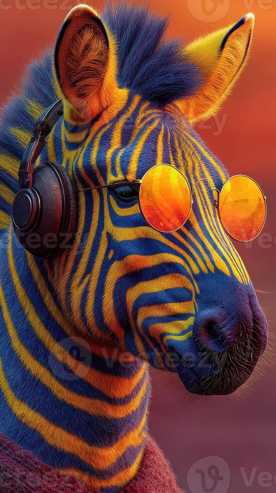 Stylish zebra with colorful patterns and sunglasses listening to music at sunset in a vibrant landscape photo
