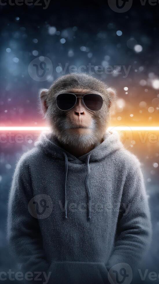 Cool monkey wearing sunglasses and a hoodie poses confidently against a vibrant backdrop with colorful light effects photo
