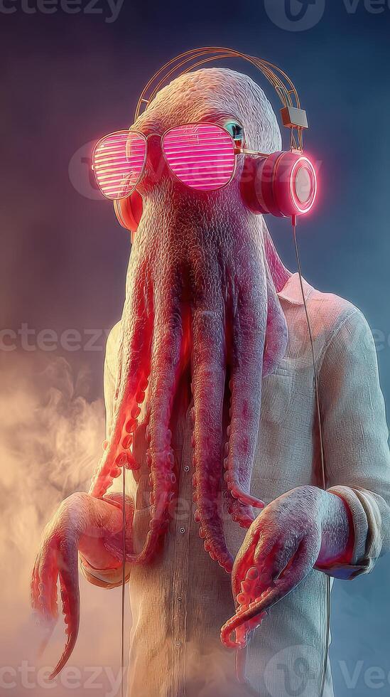 Octopus wearing sunglasses and headphones enjoys music in a surreal environment photo