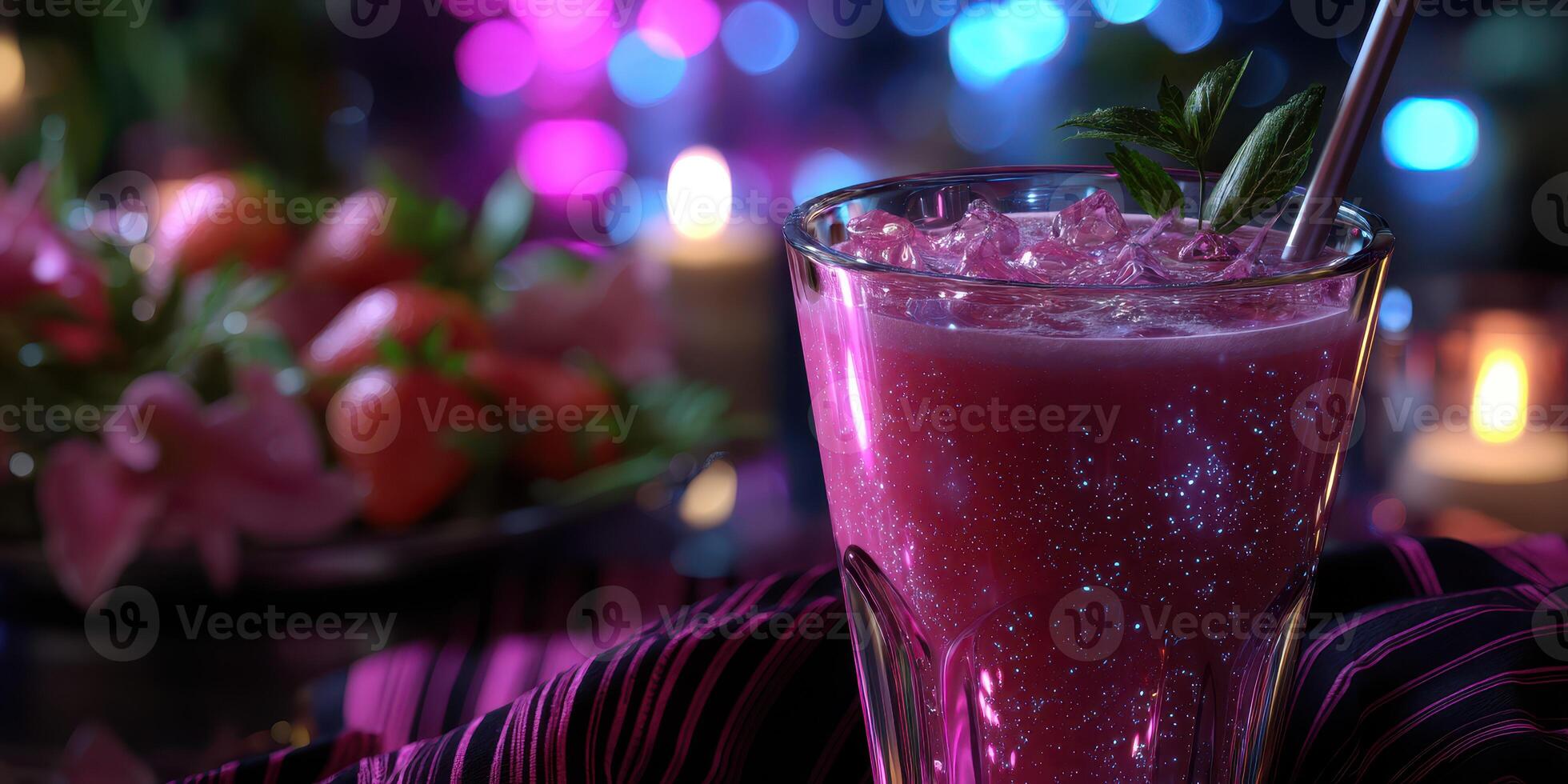 Enjoying a vibrant pink drink with garnish at a lively gathering in the evening ambiance photo