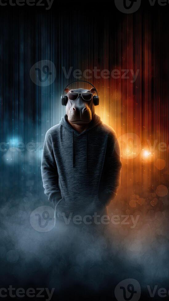 Unique character wearing headphones and sunglasses in a stylish urban setting with dramatic lighting effects photo