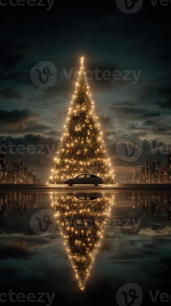 Sparkling holiday tree illuminates city skyline at night near parked car, reflecting festive spirit photo