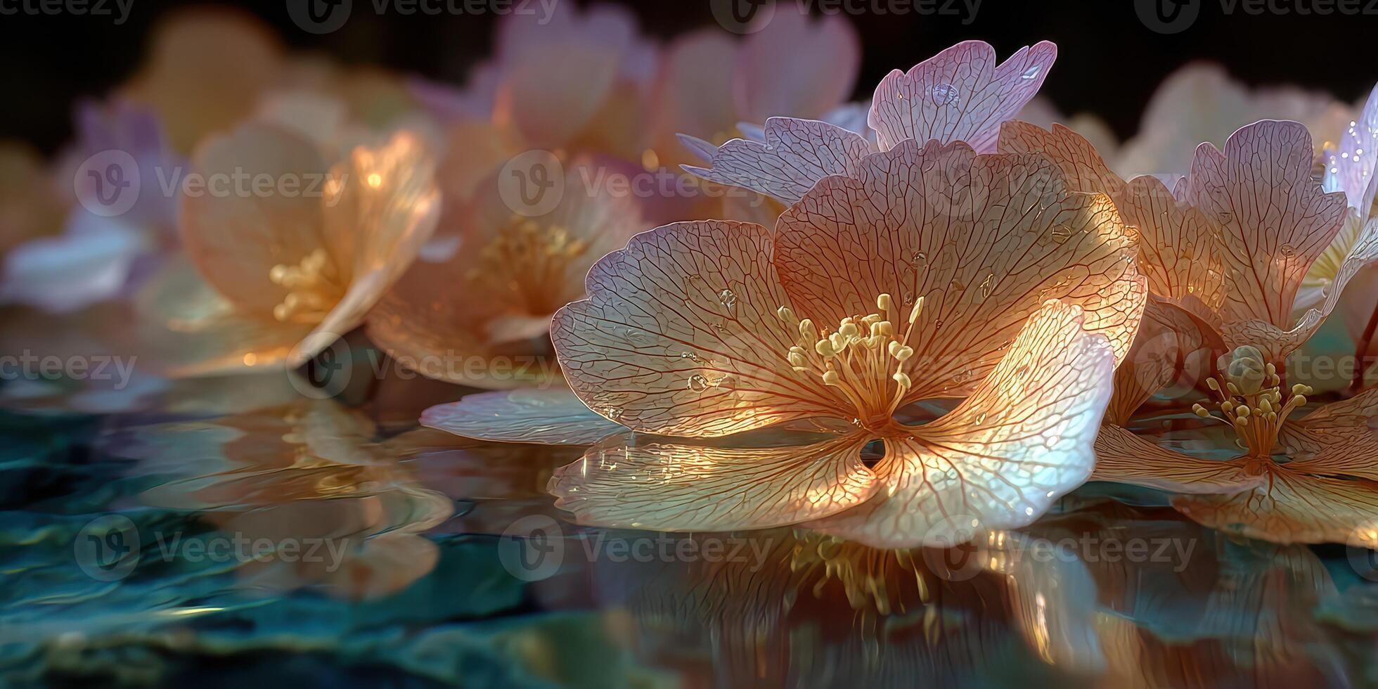 Delicate blossoms resting on tranquil water, reflecting soft sunlight in a serene natural setting photo
