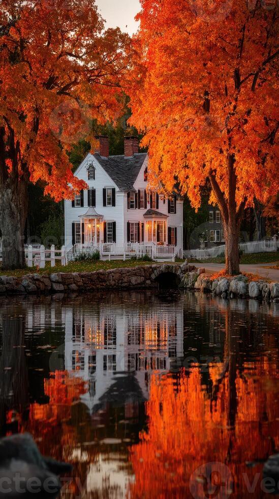 Beautiful autumn reflections of a white house surrounded by vibrant orange leaves near a calm lake at sunset photo