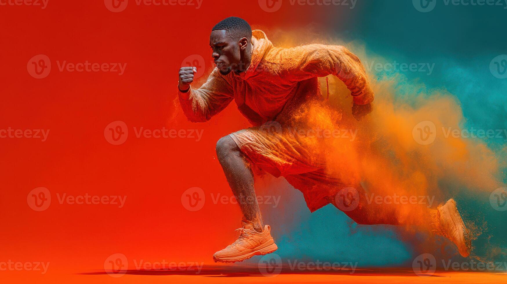 Dynamic athlete sprinting in vibrant colors during an intense running event with a backdrop of orange and teal hues photo