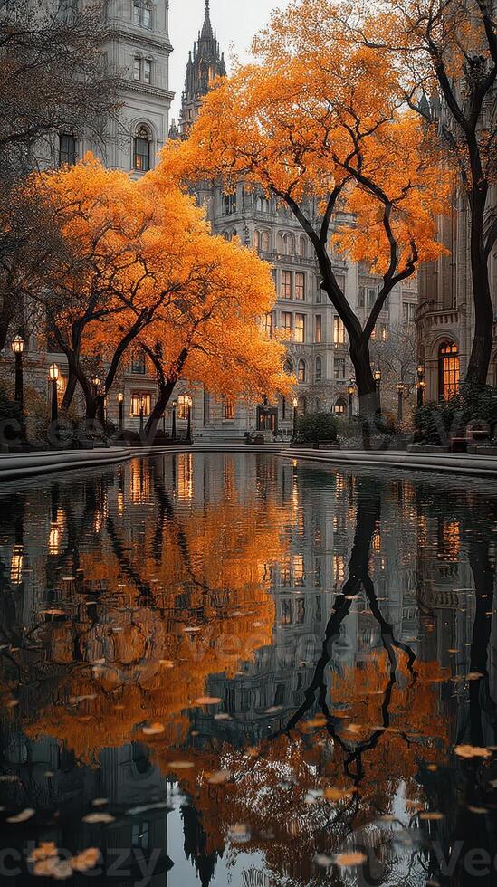 Vibrant autumn trees reflecting in a tranquil pond surrounded by urban architecture on a crisp afternoon photo