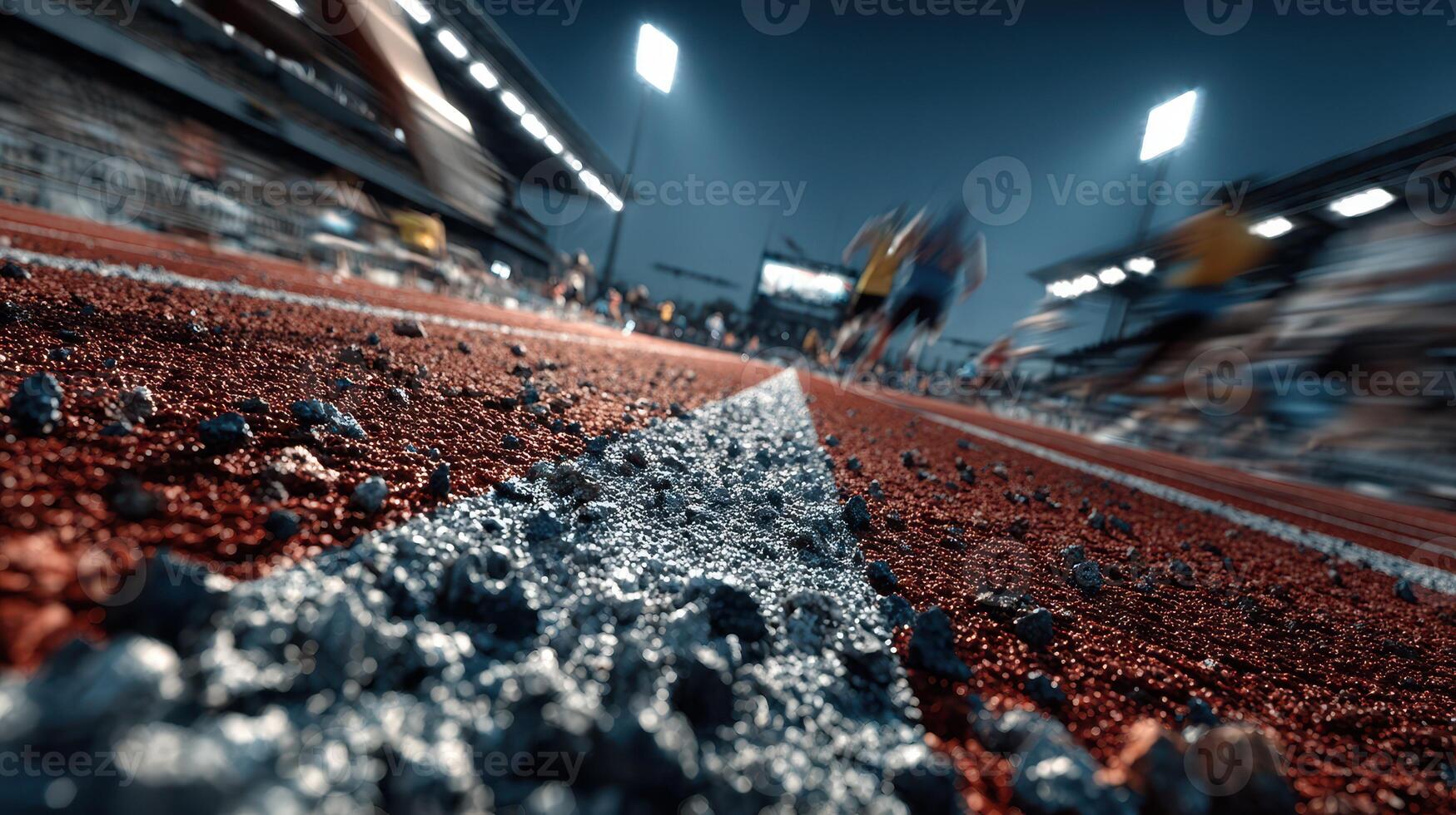 Runners sprinting on a track during an evening athletic event with bright stadium lights illuminating the field photo