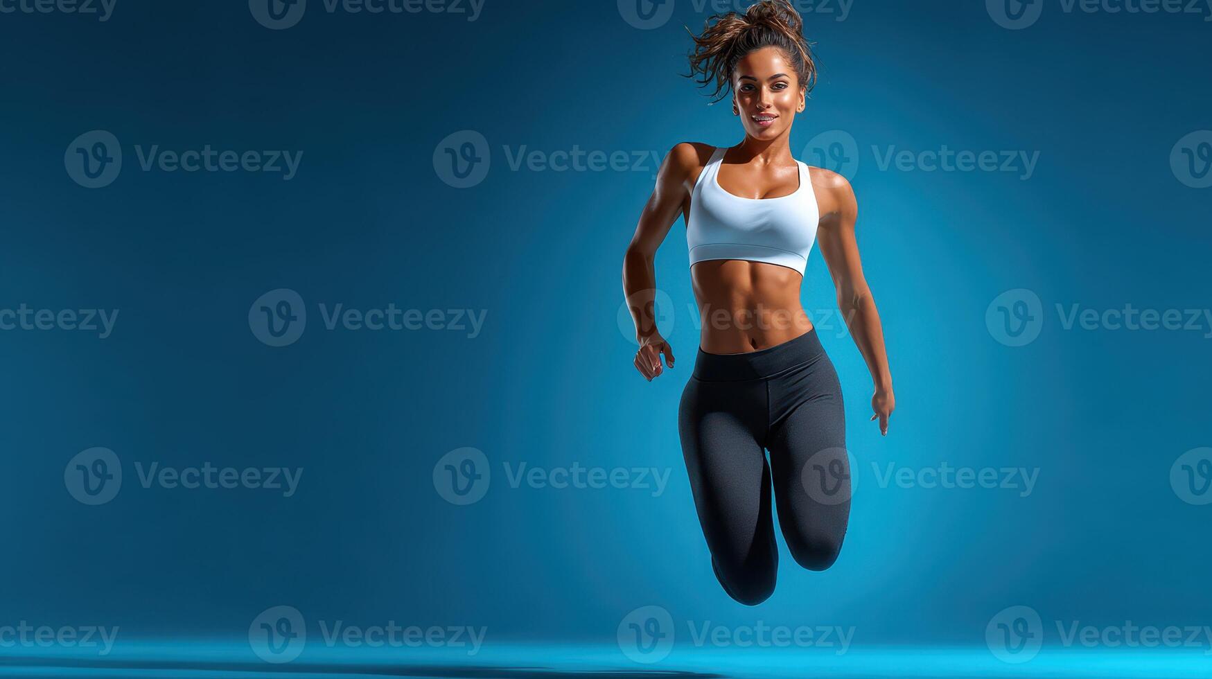 Fit athlete jumps confidently against a vibrant blue background showcasing strength and agility in an energetic workout session photo