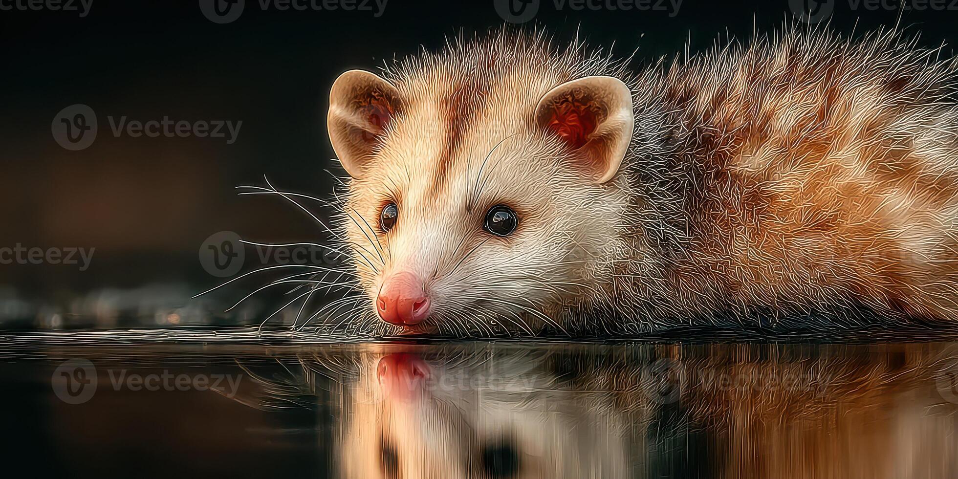 Opossum rests quietly by the water at twilight while reflecting on the surface photo