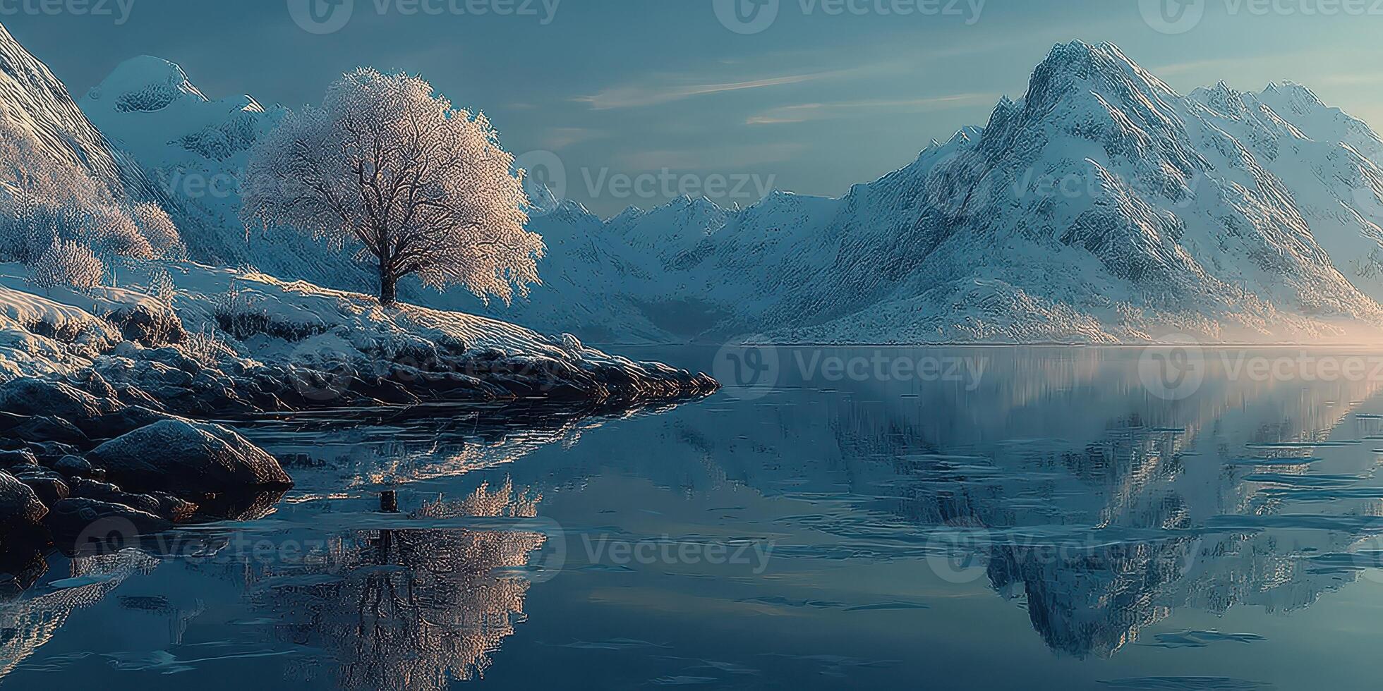 Snow-covered mountains reflect in calm waters at dawn in a tranquil winter landscape photo