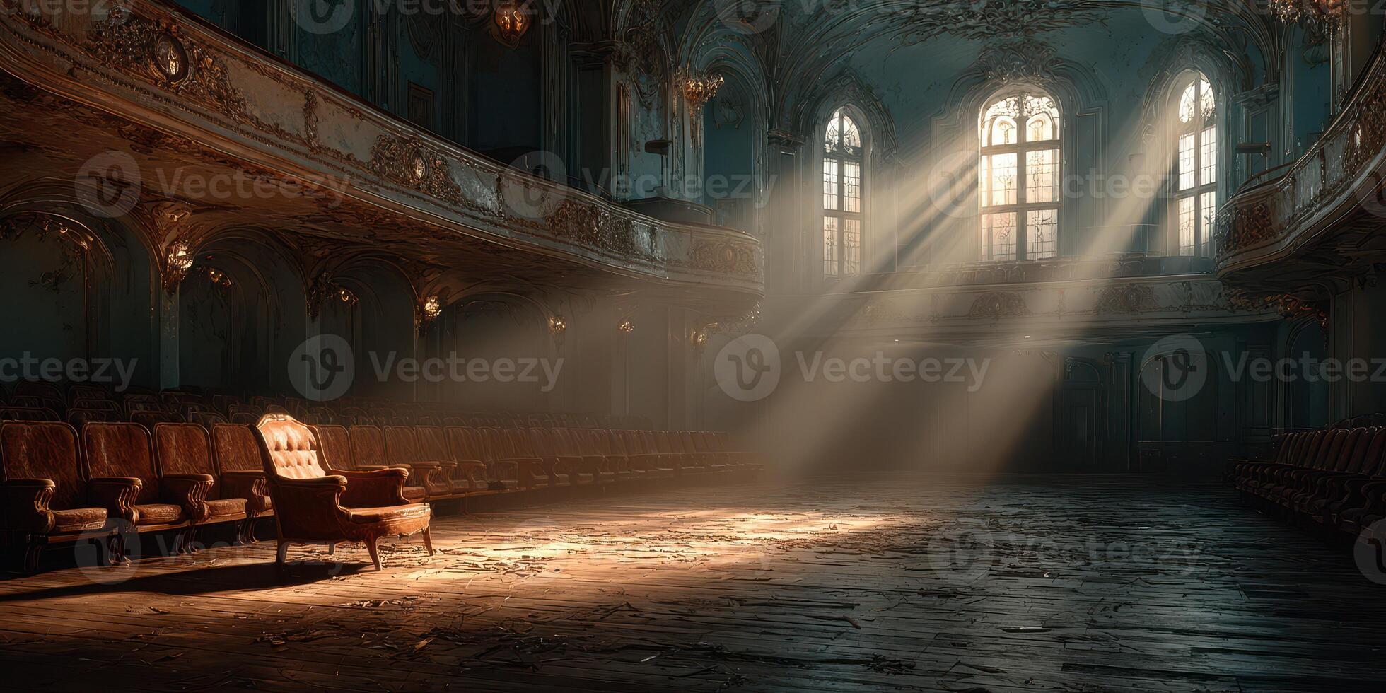 Abandoned theater with golden rays of sunlight illuminating an empty chair in a grand, historic interior photo