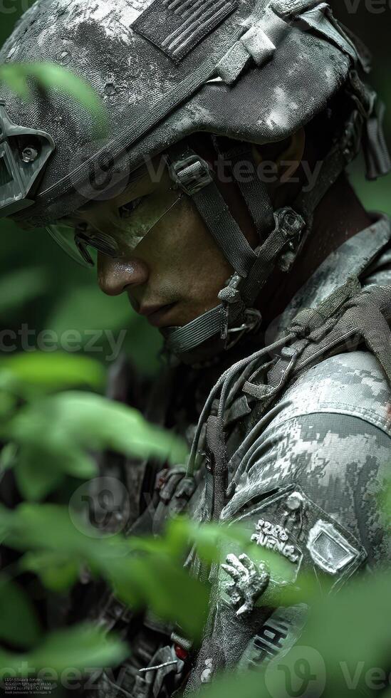 Soldier in tactical gear focusing intently while navigating through dense green foliage during a training exercise photo