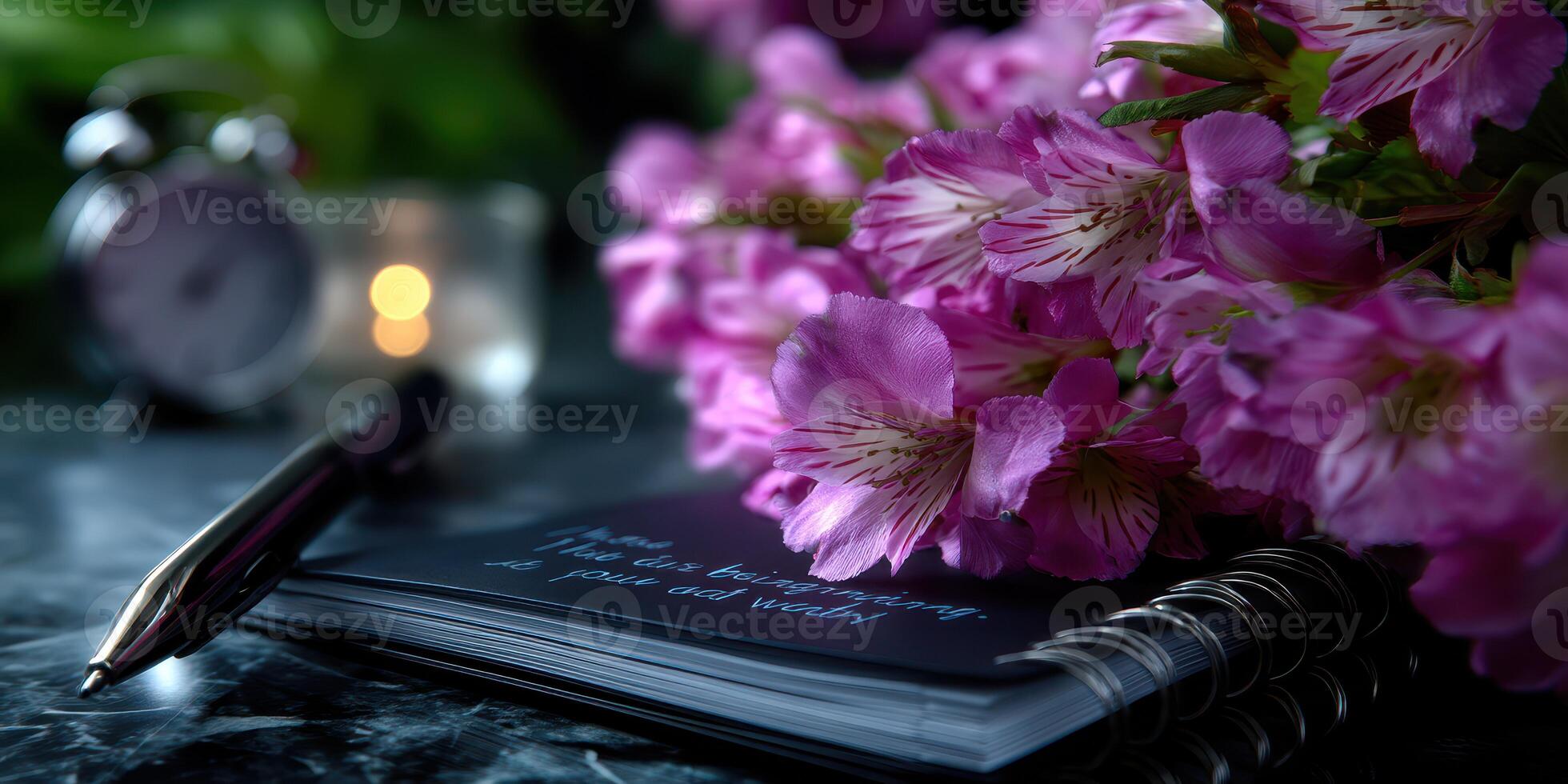 Notepad with handwritten notes and vibrant flowers on a dark surface during a calm evening at a cozy table photo