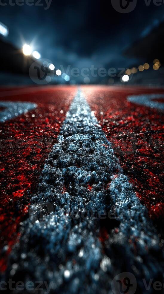 Nighttime view of a wet racetrack with reflective surfaces and illuminated surroundings photo