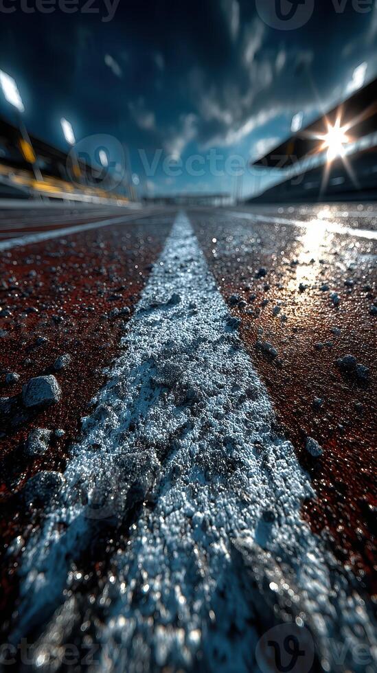 Racing track surface glistening after rain with a dramatic sky at sunset photo