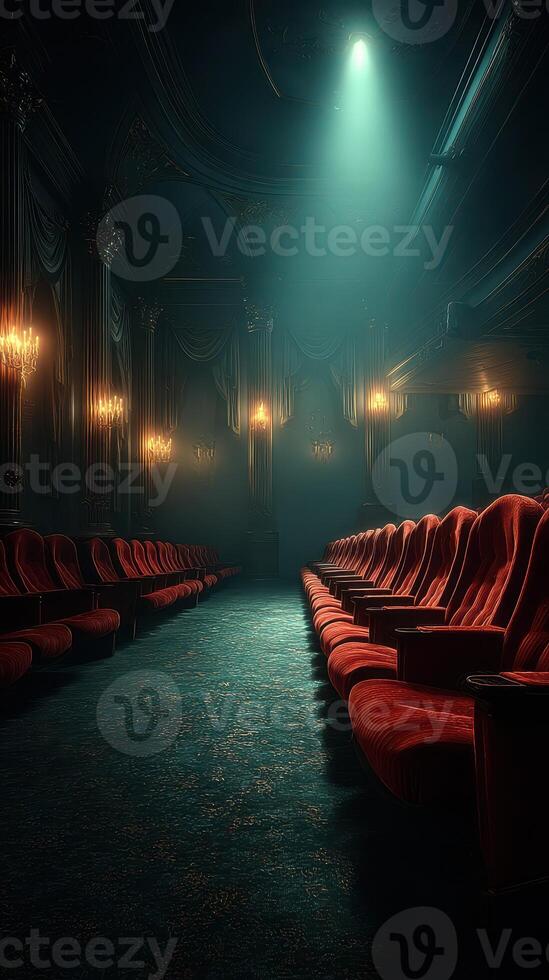 Elegant vintage theater interior showcasing red velvet seating illuminated by soft lighting photo
