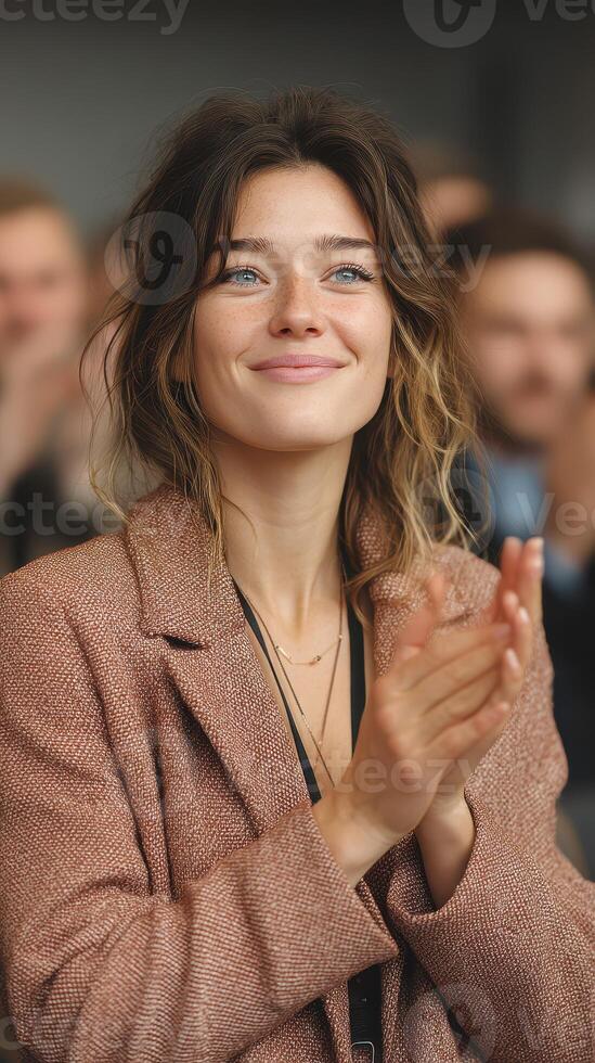 Smiling woman applauding enthusiastically during a public event in a large indoor venue photo